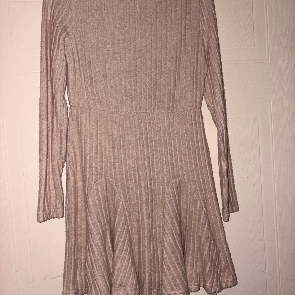 Cupshe Long Sleeve Ribbed Fit-and-Flare Dress in Light Beige